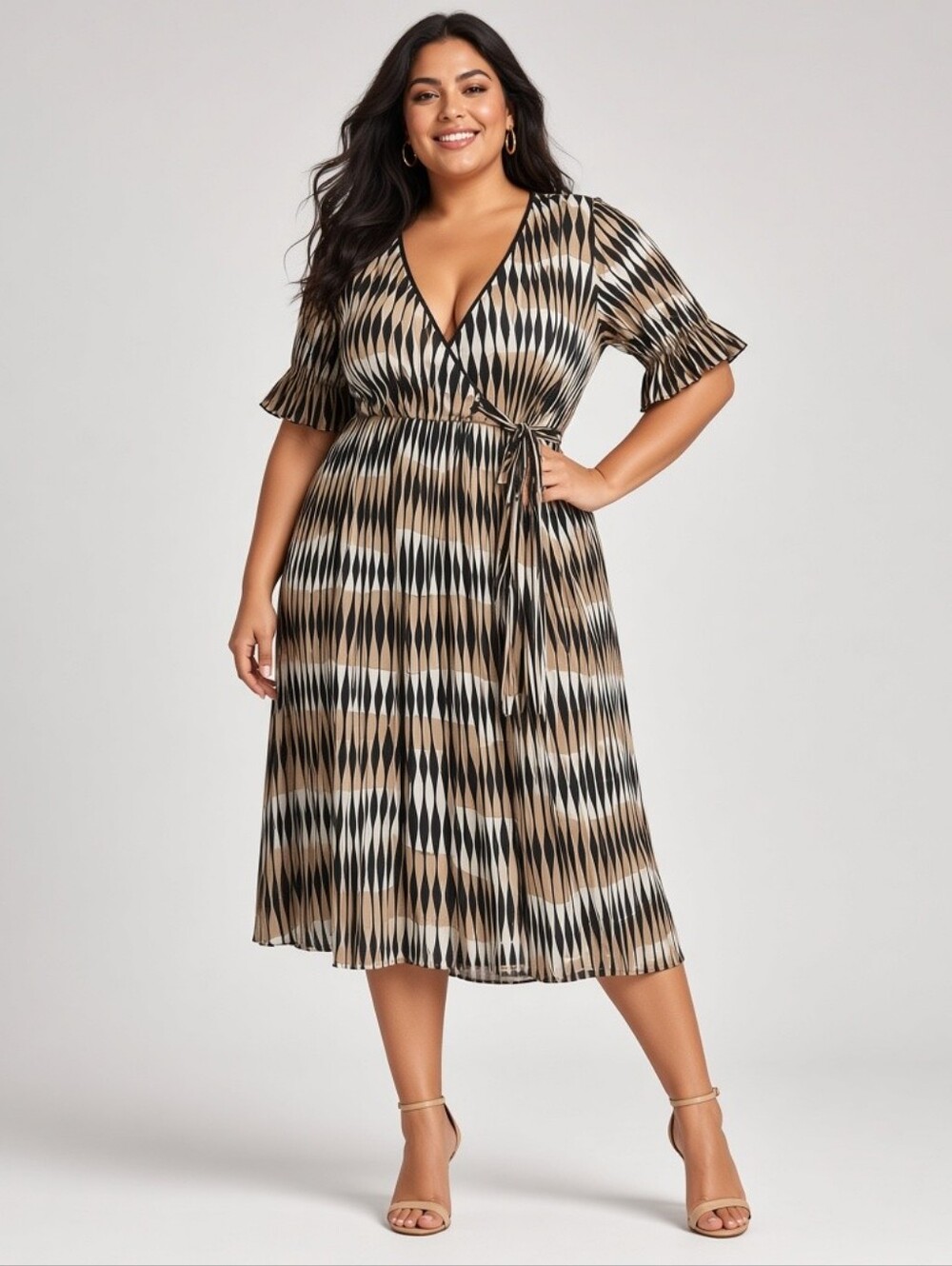 Ashley Stewart Women's Size 18/20 Black & Ivory Geometric Print Wrap Midi Dress